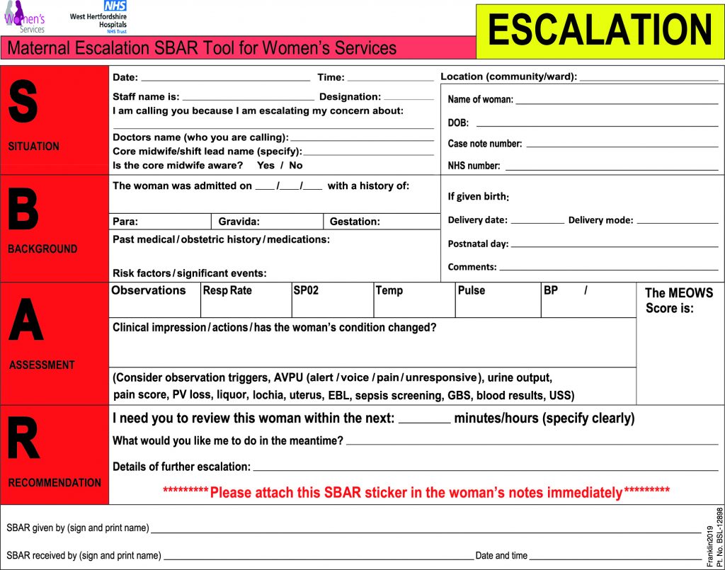 SBAR Escalation Label 140 x 180mm - Walters Medical